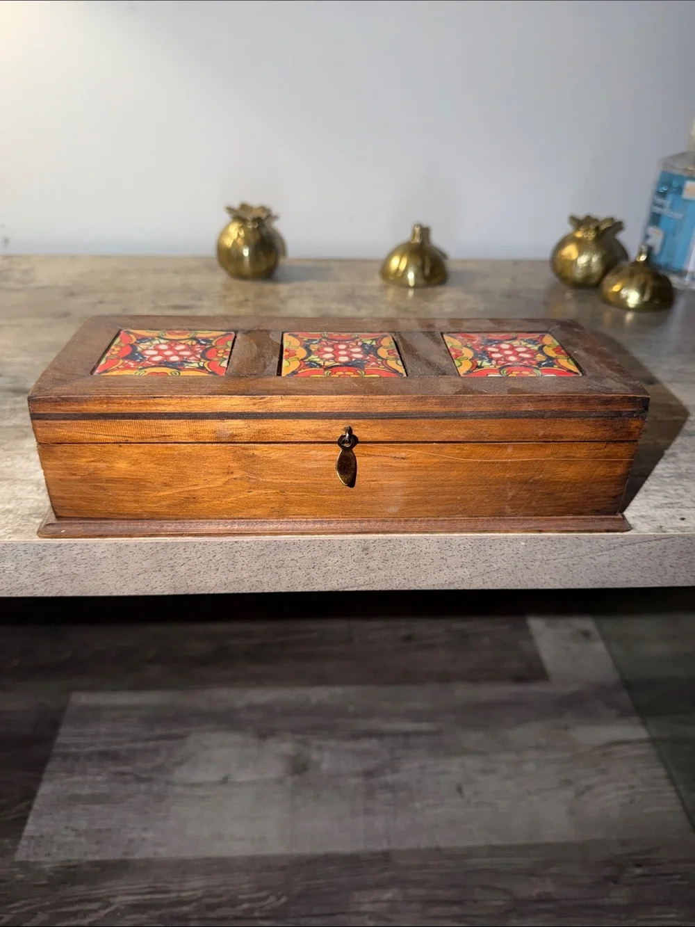 Wooden Decorative Storage Box with Red Patterned Inlay